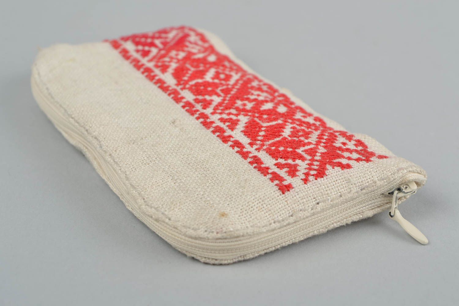Handmade designer hemp fabric phone case with red cross stitch embroidery photo 1