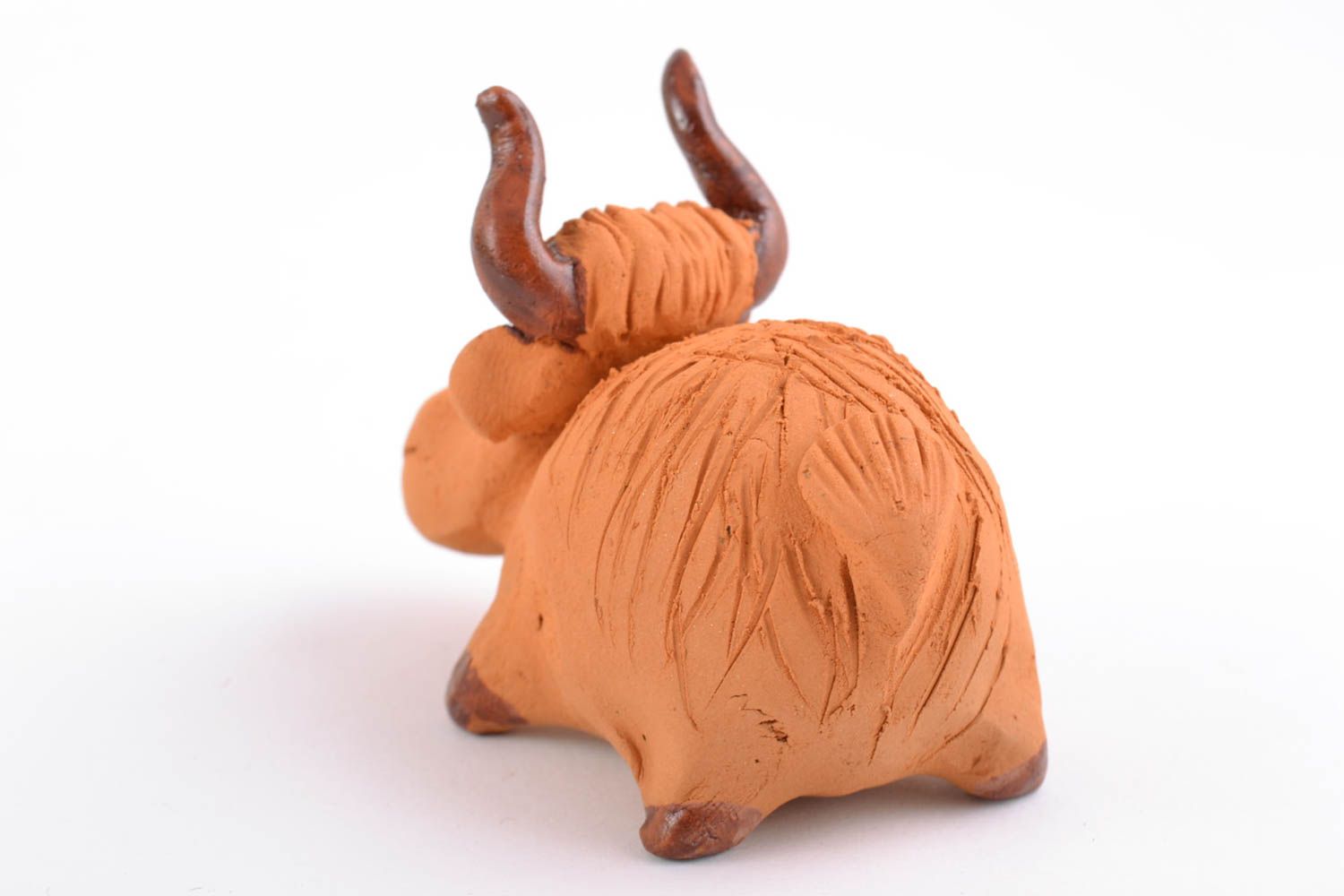 Handmade small brown ethnic ceramic figurine of bull painted with acrylics  photo 5