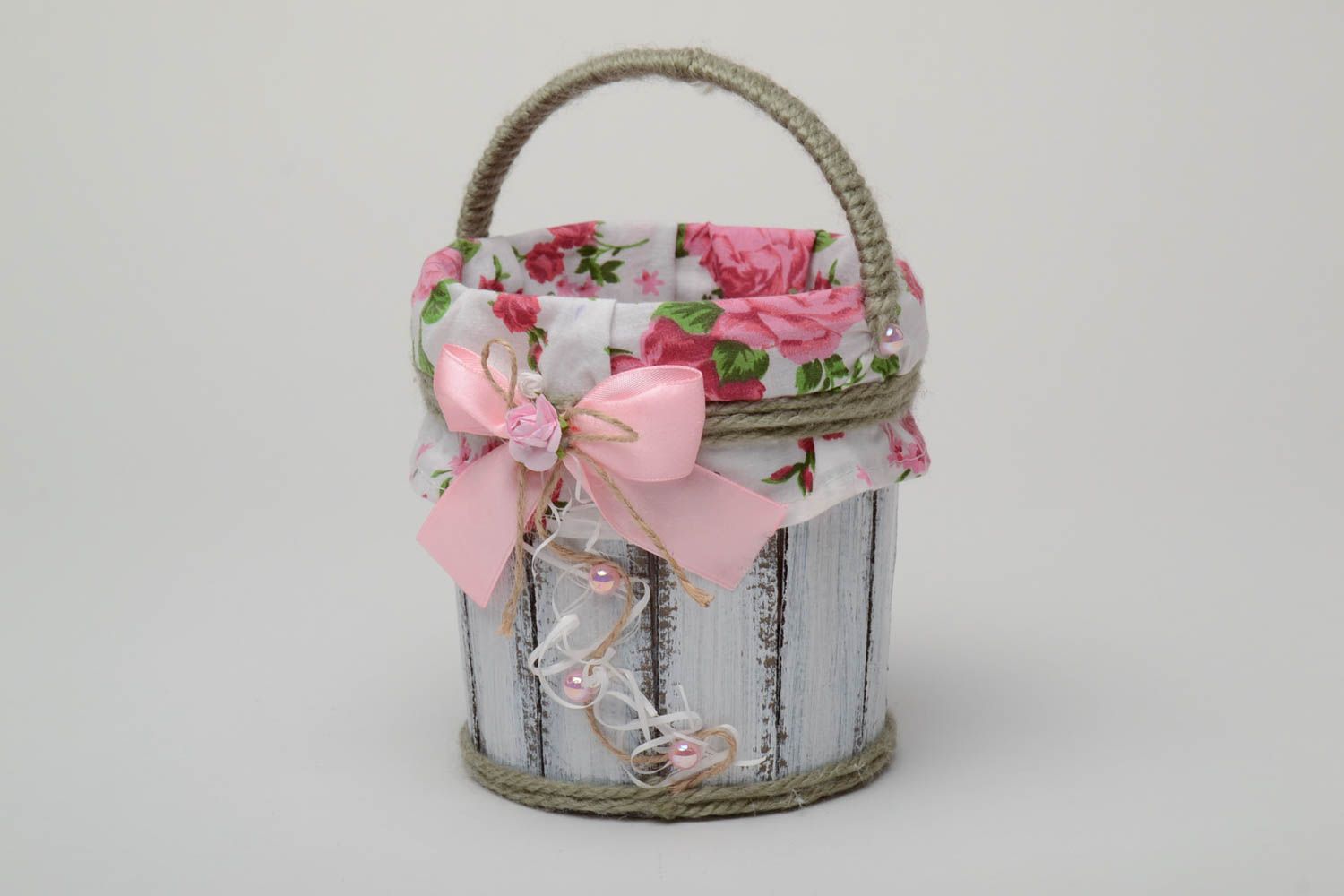 Handmade decorative carton and fabric bucket with bow for little things photo 2