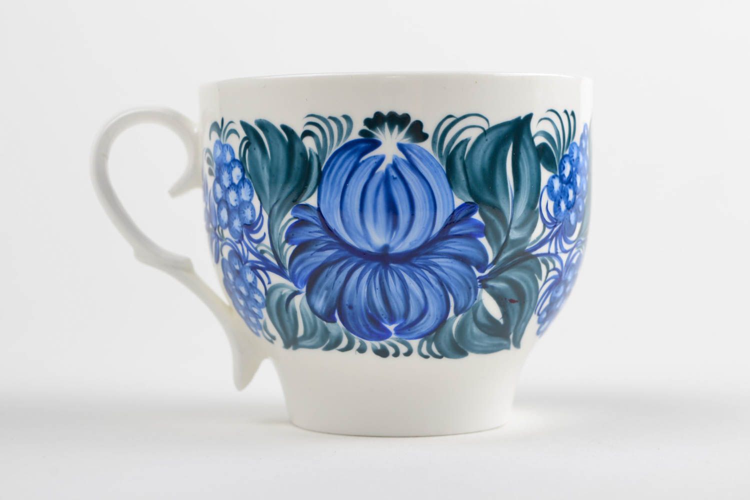 6 oz ceramic porcelain white and blue cup with handle and flower pattern photo 3