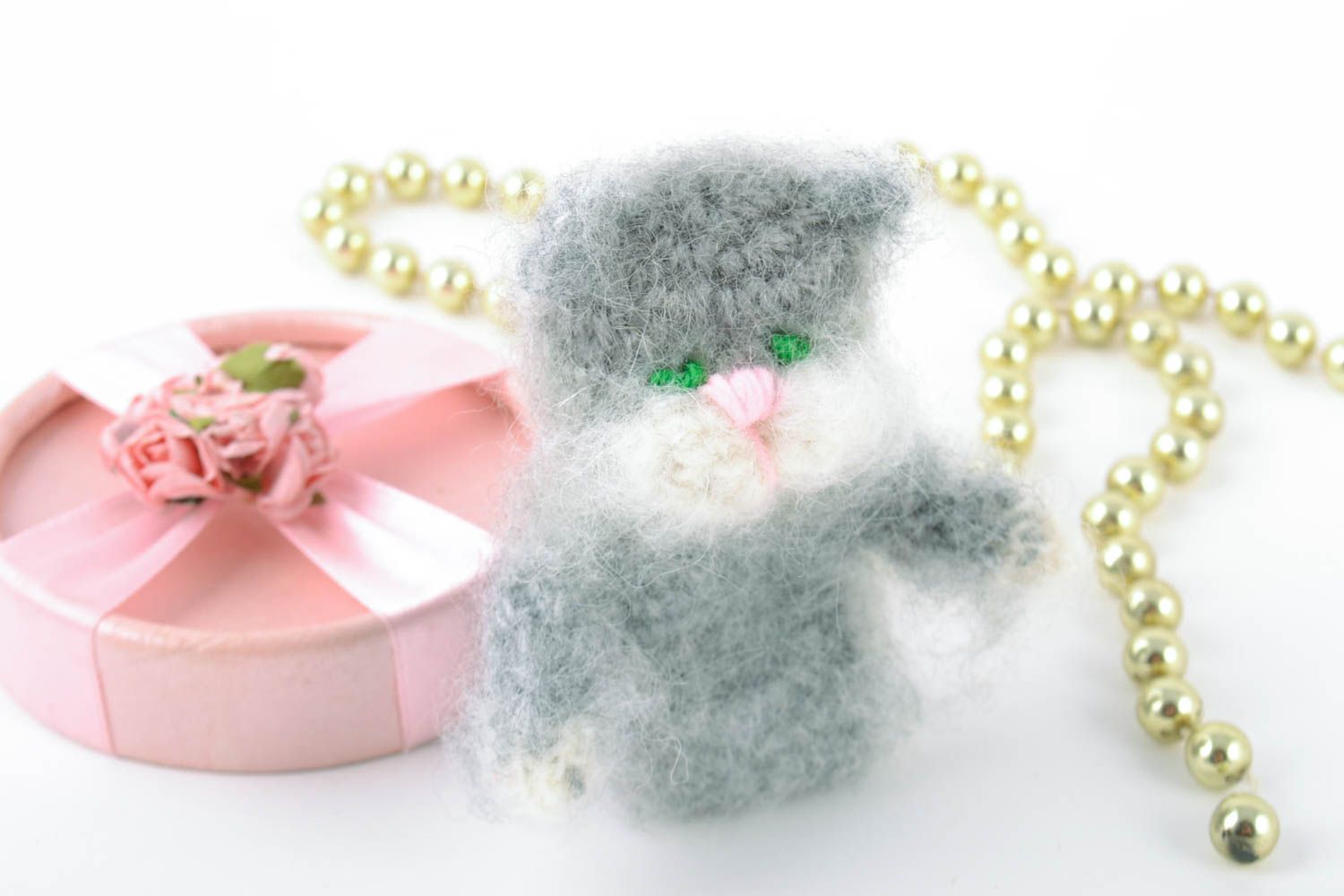 Nice small handmade crochet soft toy cat of gray color photo 1