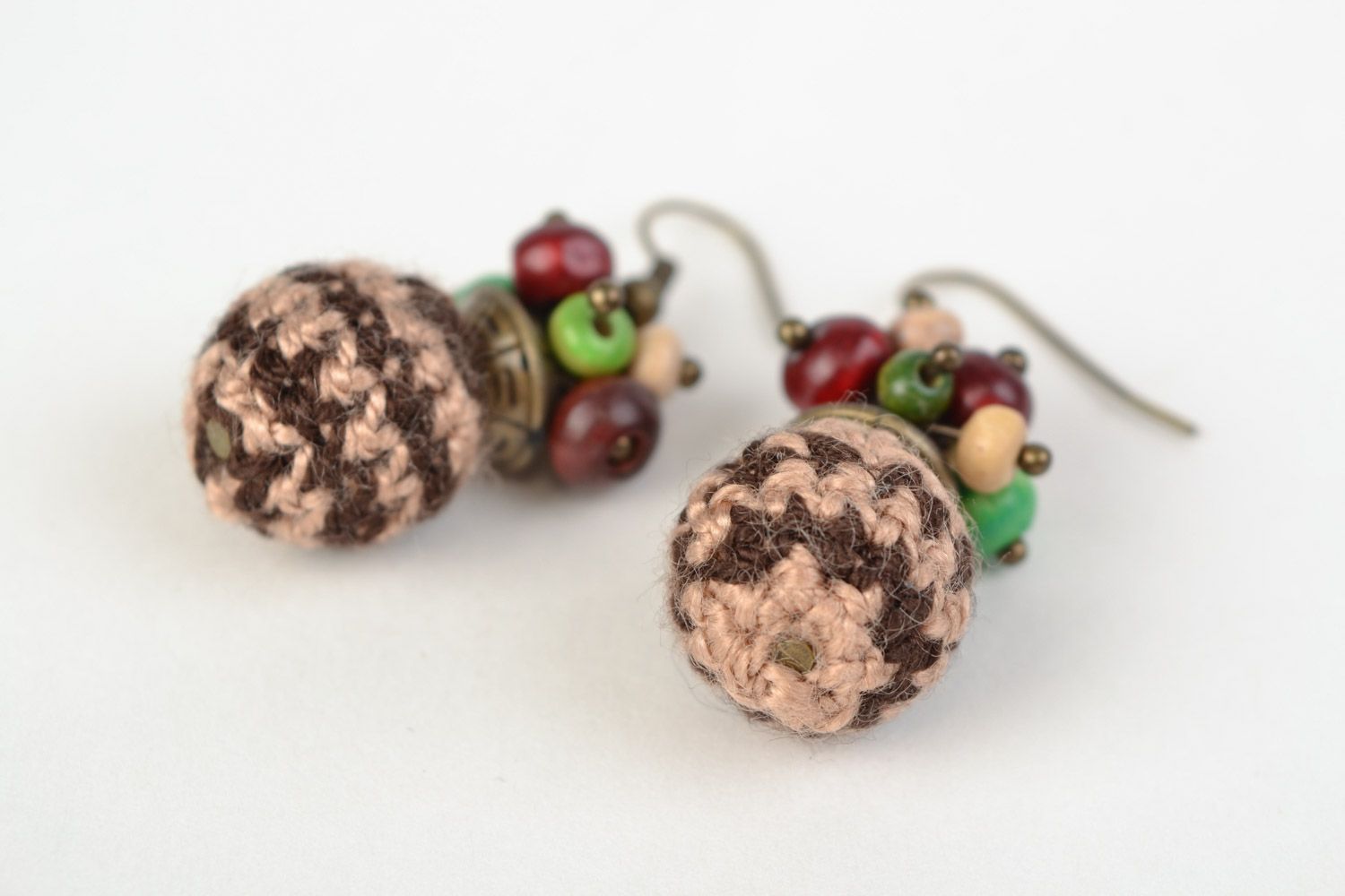 Handmade cute ball-shaped dangling earrings crocheted of acrylic threads Berries photo 5