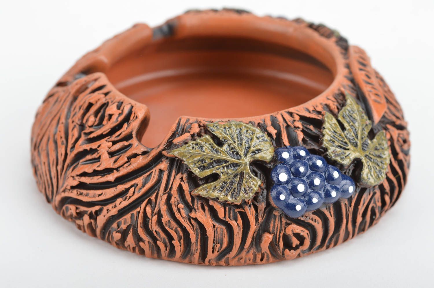 Handmade stylish beautiful ceramic brown ashtray decorated with stucco photo 2