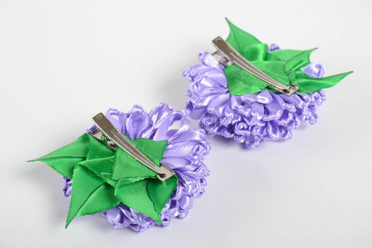 Flower hair accessories set handmade textile barrette ribbon hair clips 2 pieces photo 3