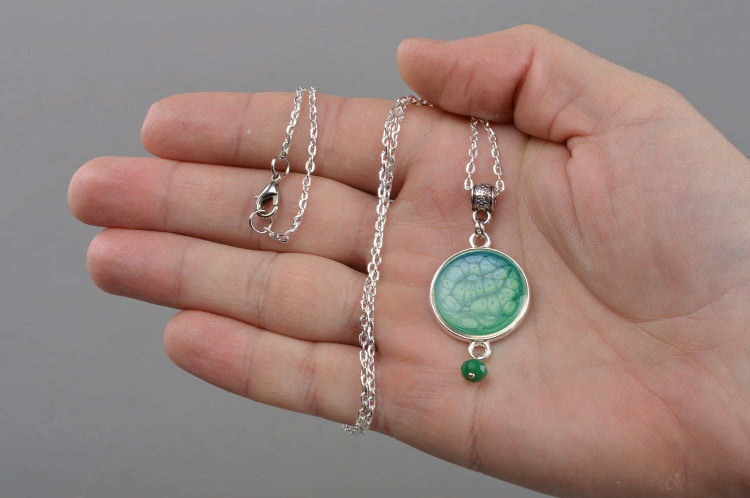 Handmade green round decoupage pendant necklace in jewelry resin on metal chain photo 4