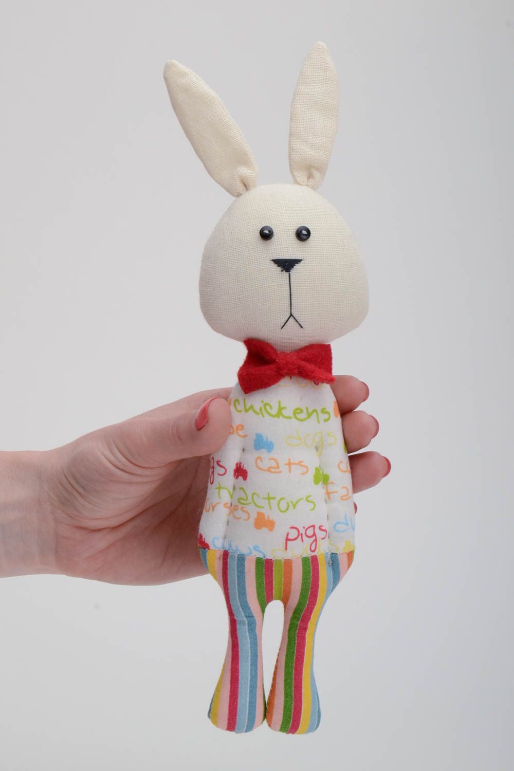Handmade small cotton fabric soft toy rabbit in striped trousers with red bow tie photo 5