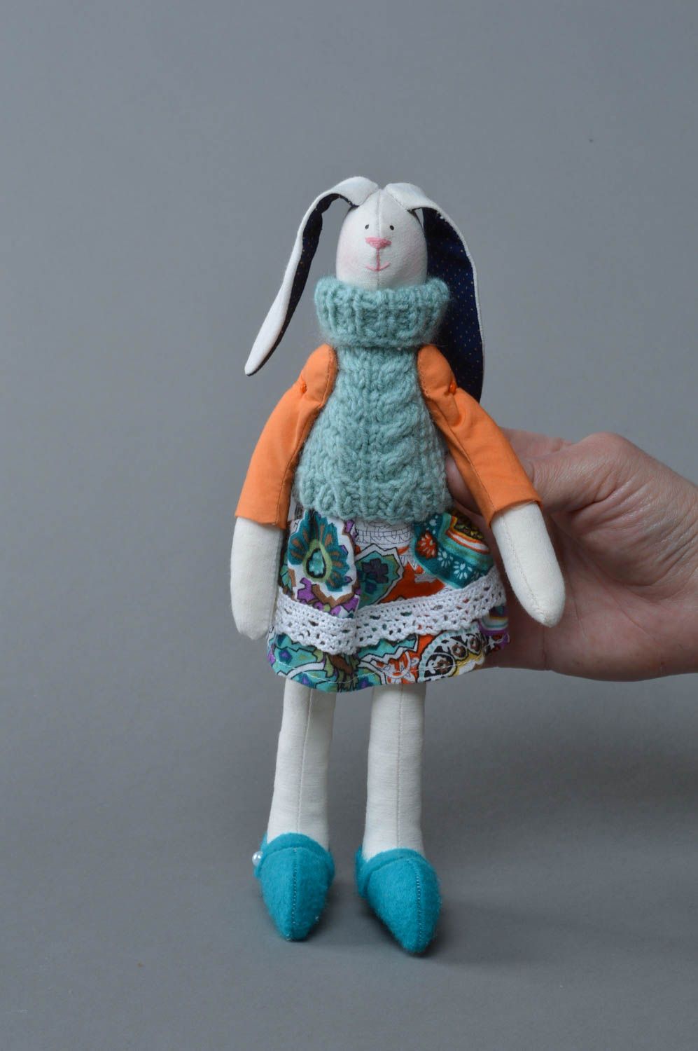 Handmade interior designer fabric soft toy rabbit in blue knit sweater photo 1
