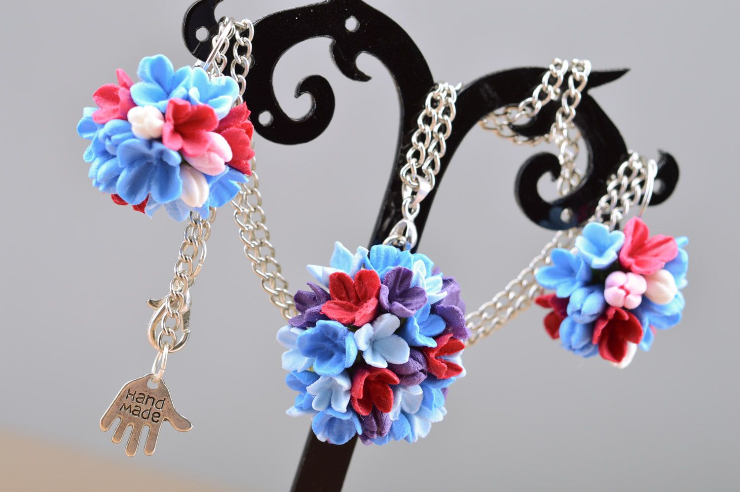 Handmade polymer clay jewelry set 2 items flower earrings and pendant with chain photo 5