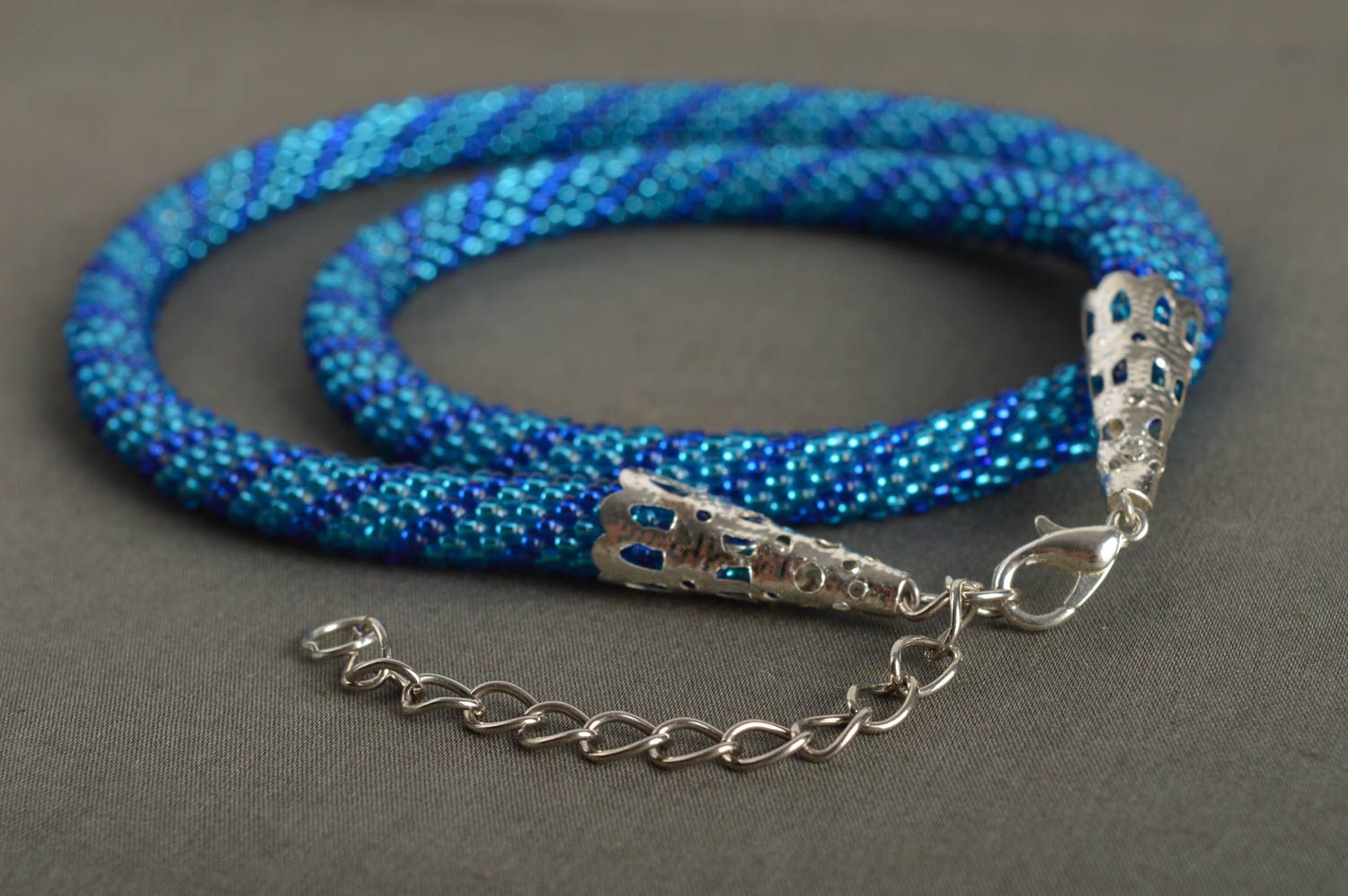 Handmade blue elegant necklace beaded cord necklace unusual accessory gift photo 1