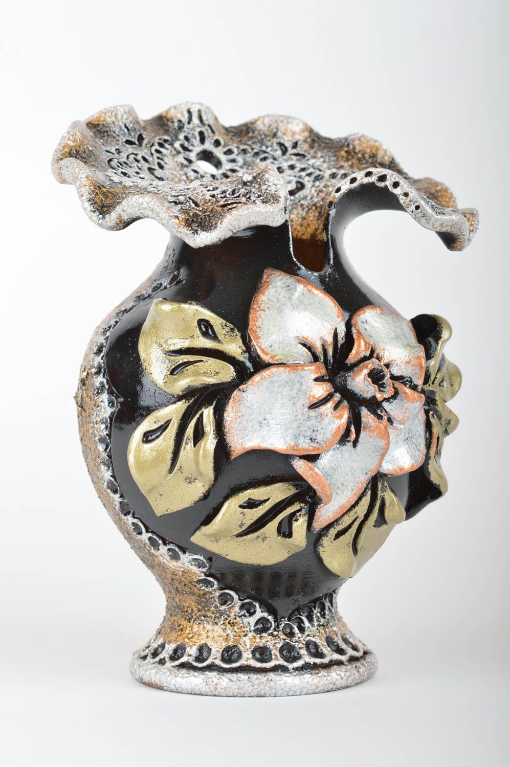 Florero original de cerámica hermoso hecho a mano con flor modelada 400 ml  foto 2