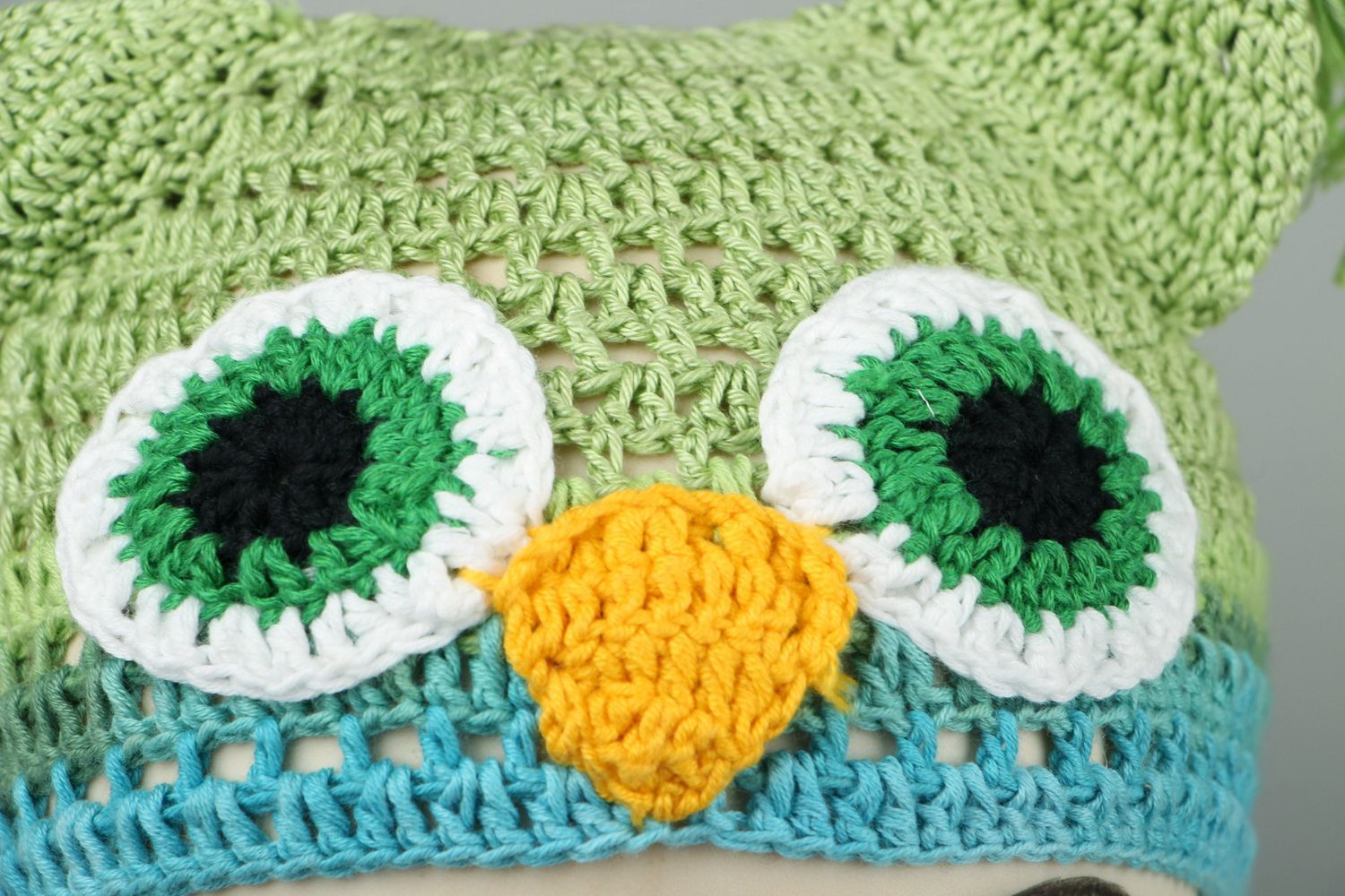 Hat crocheted from cotton threads Owl with ear flaps photo 5