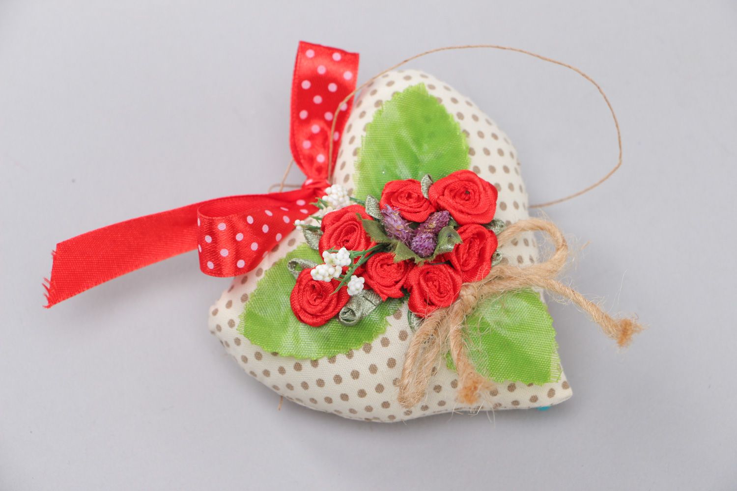 Handmade fabric soft interior pendant heart with ribbon flowers for home decor photo 1