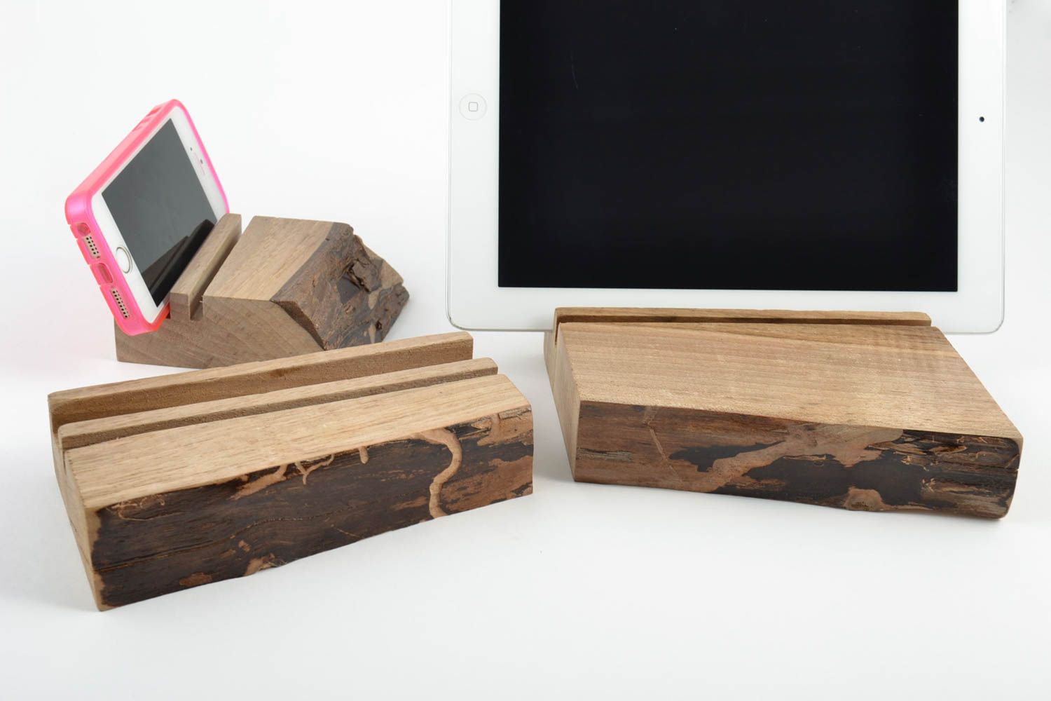 Set of 3 handmade designer wooden varnished holders for tablet and smartphone photo 1