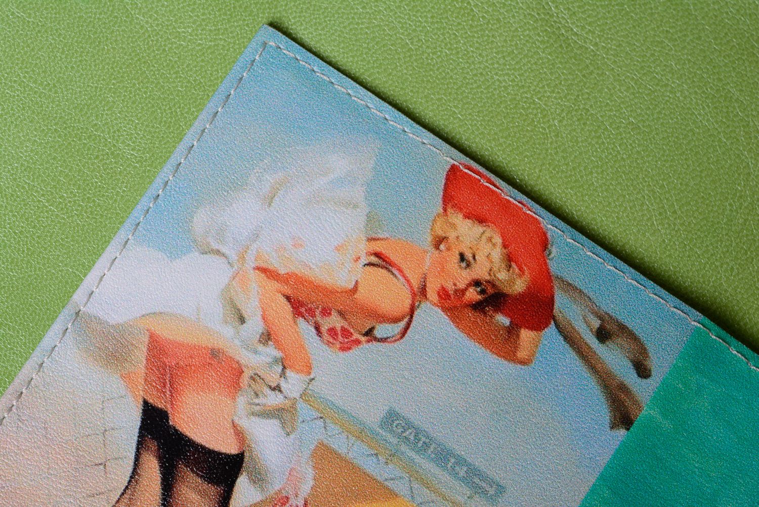 Handmade leather passport cover with print in pin up style photo 3