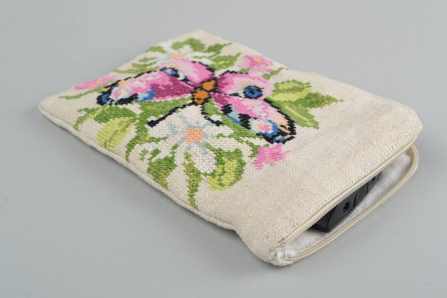 Handmade designer hemp fabric mobile phone case with embroidered flowers photo 1