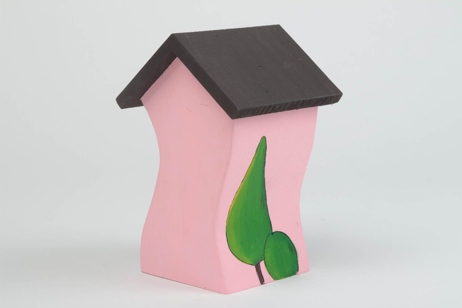 Maisonnette en bois fait main Petite statuette rose peinte Déco intérieur photo 3