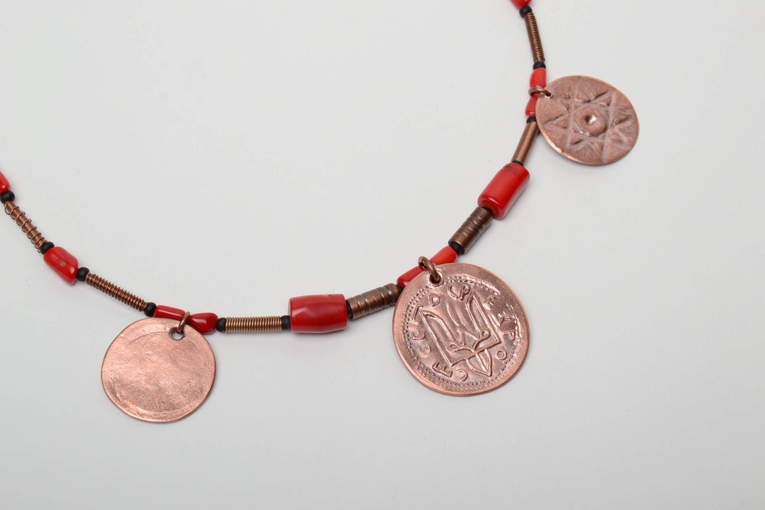 Copper necklace with coins painted with enamels photo 5