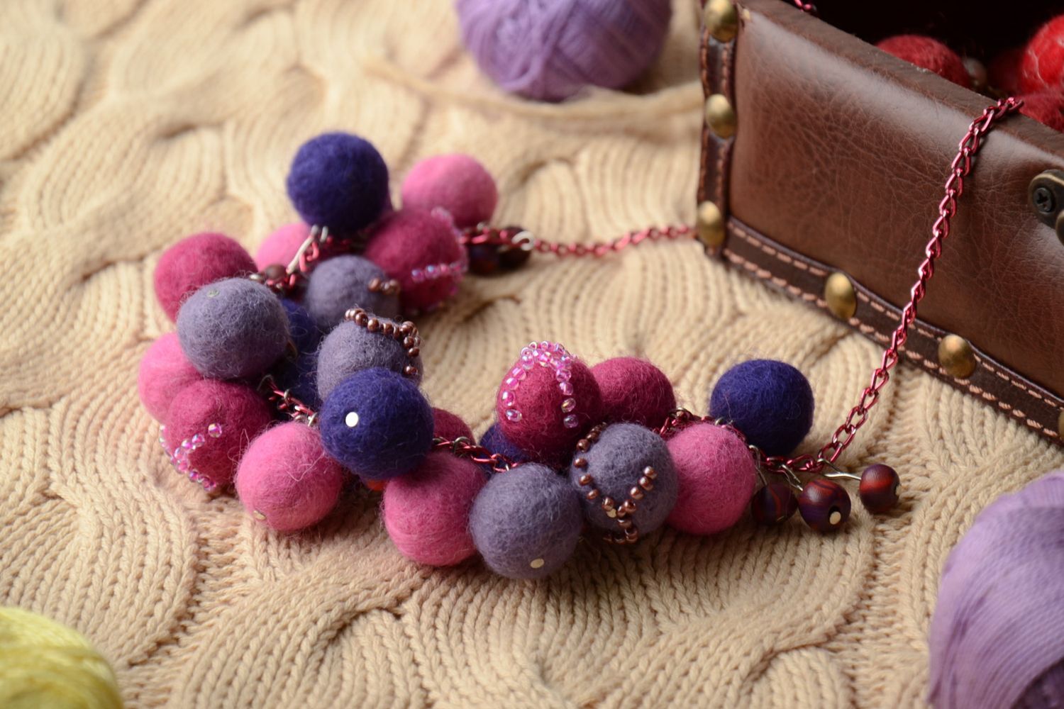 Unusual multi-colored felted wool ball necklace photo 1