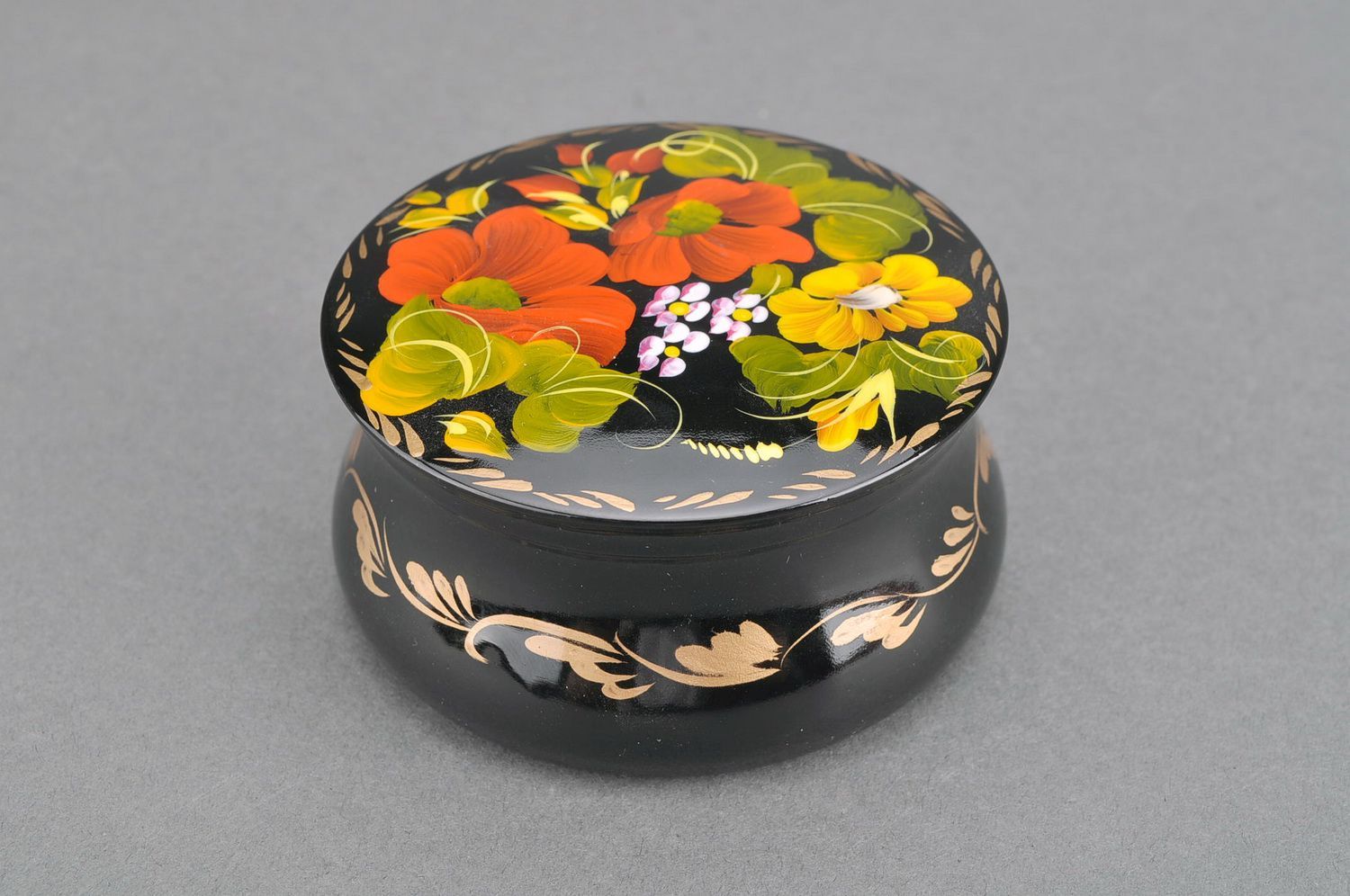 Boîte à bijoux ronde en bois Pavots qui fleurissent photo 1