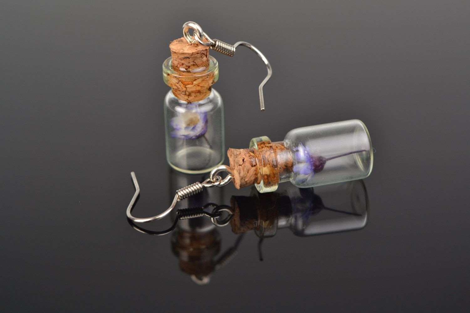 Cute handmade small glass bottle dangle earrings with dried flowers for women photo 1