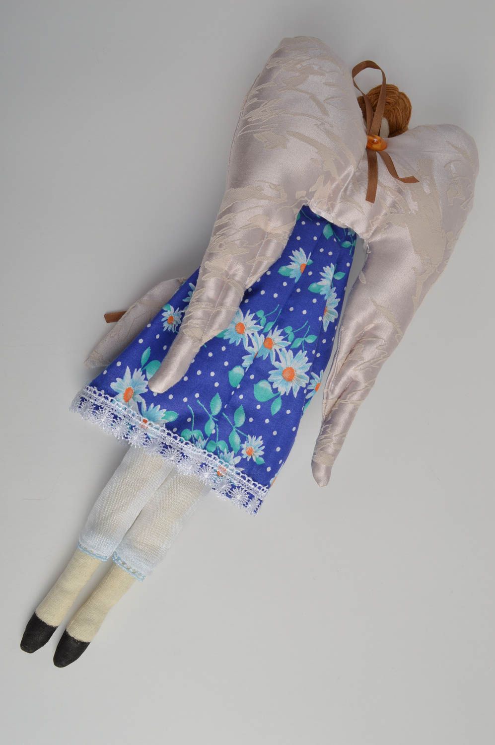 Handmade designer fabric interior soft doll angel in blue dress with eyelet photo 4