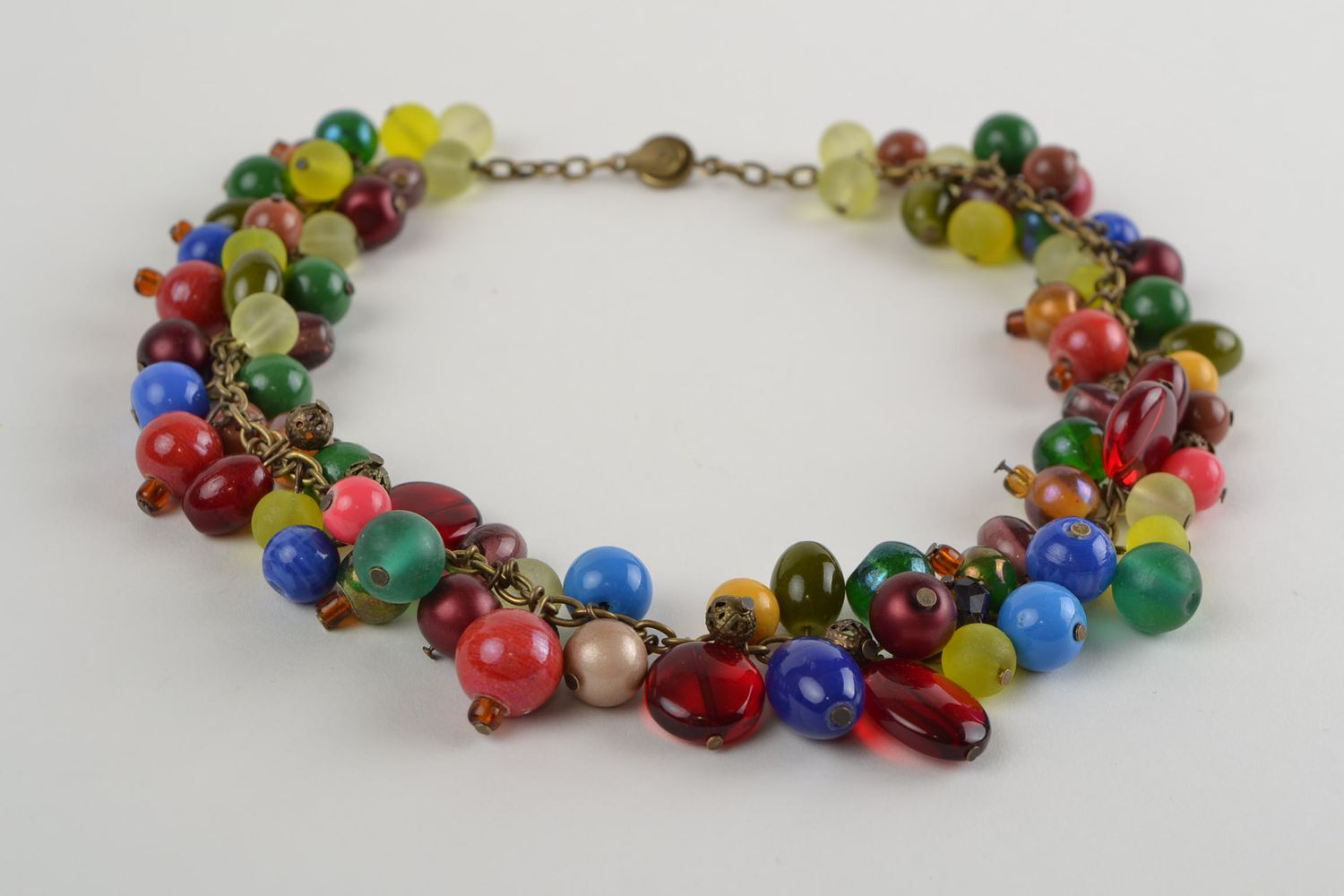 Set of handmade bright colorful beaded glass jewelry necklace and wrist bracelet photo 5