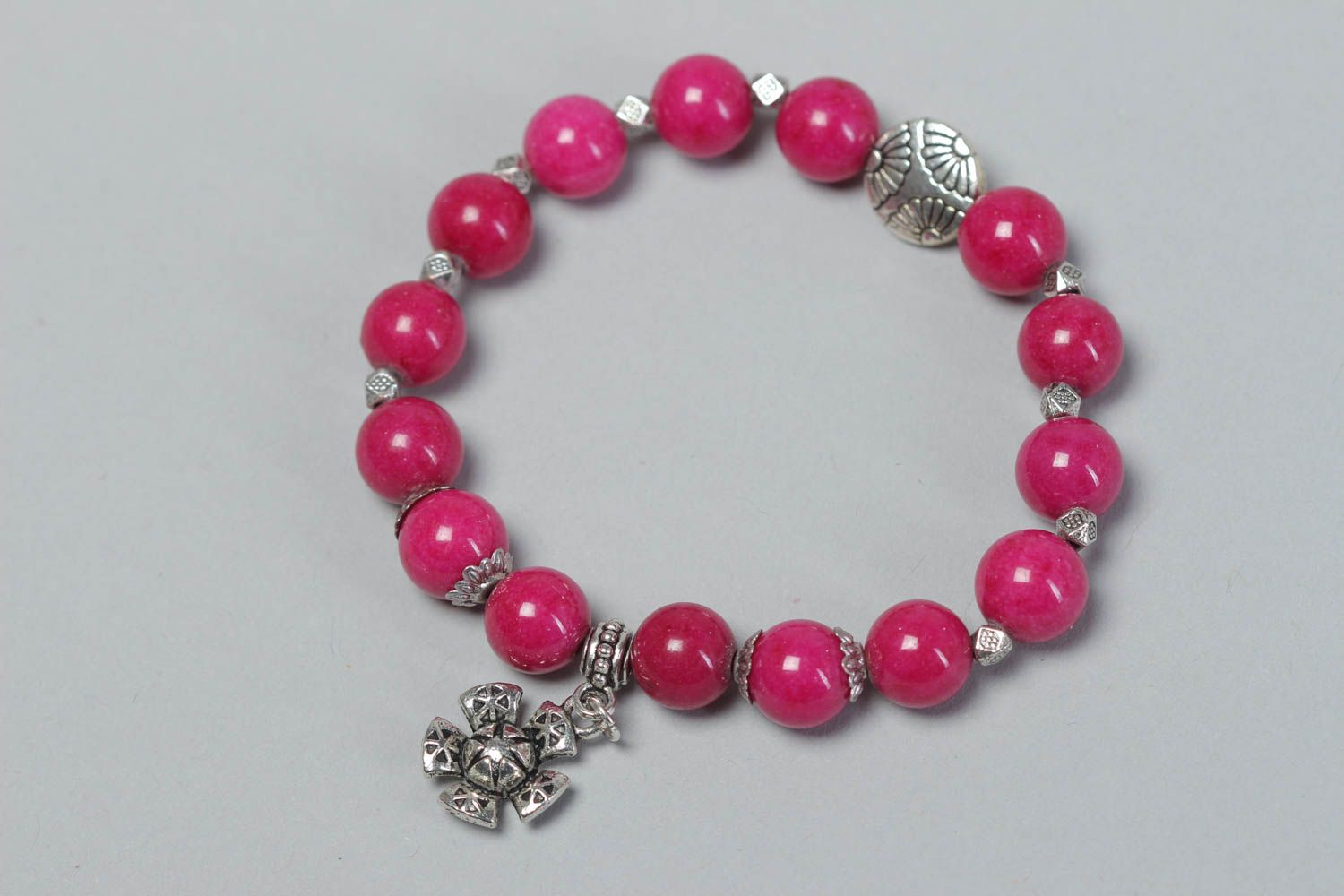 Handmade bracelet with charms stylish bright accessory cute pink jewelry photo 2