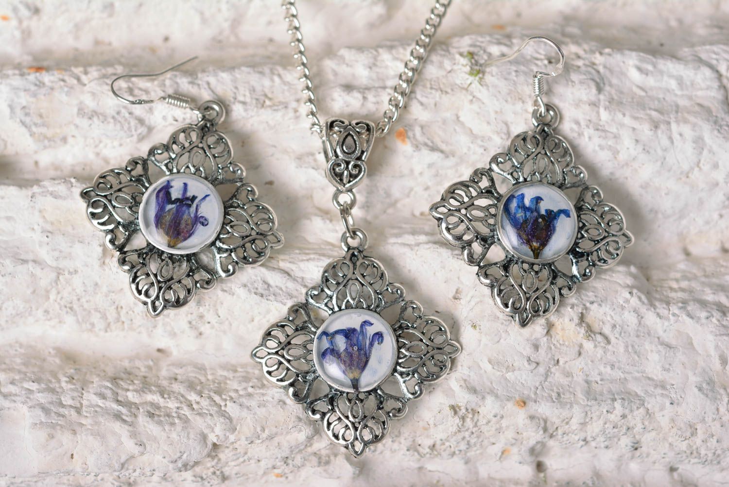 Handmade jewelry set flower earrings pendant necklace botanical jewelry photo 1