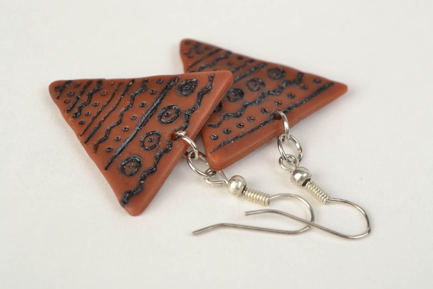 Handmade triangular earrings with charms made of polymer clay with pattern photo 3
