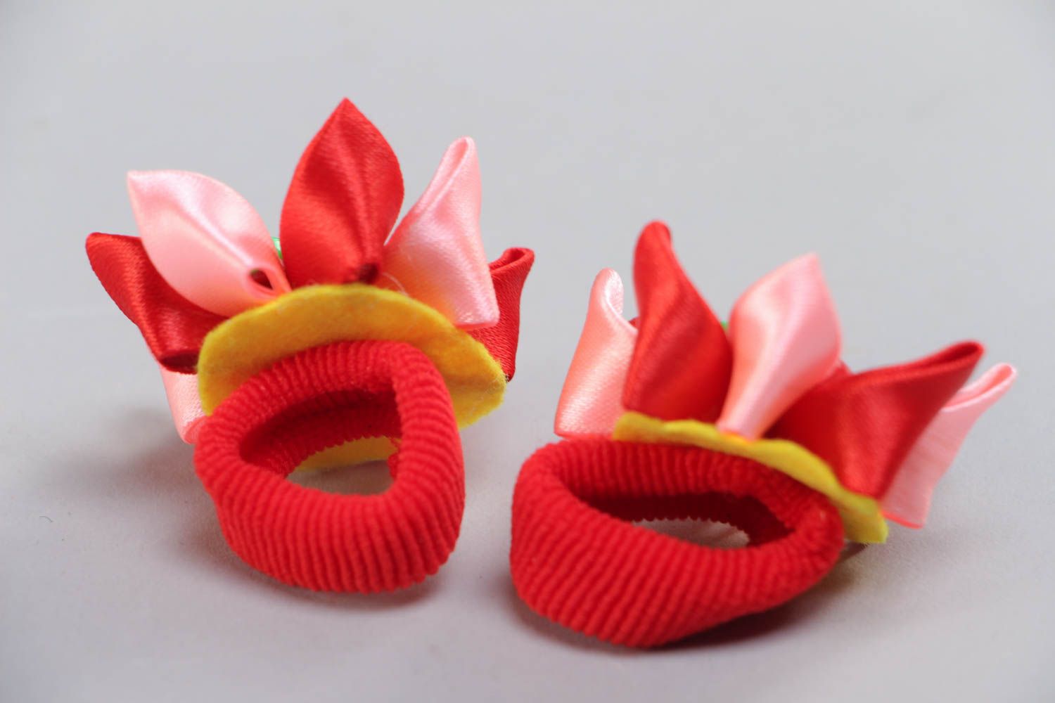 Handmade festive hair ties with red satin ribbon kanzashi flowers set of 2 items photo 4