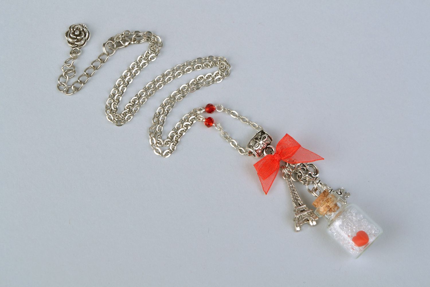 Set of 2 handmade designer glass bottle pendants on long metal chains  photo 3