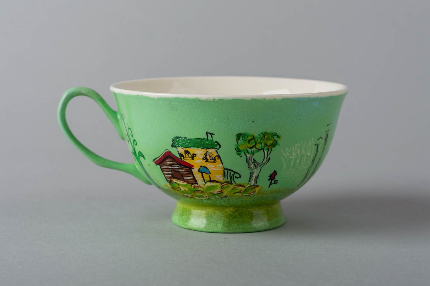 Глиняная чашка с блюдцем ручной работы авторская красивая в зеленых тонах  фото 4