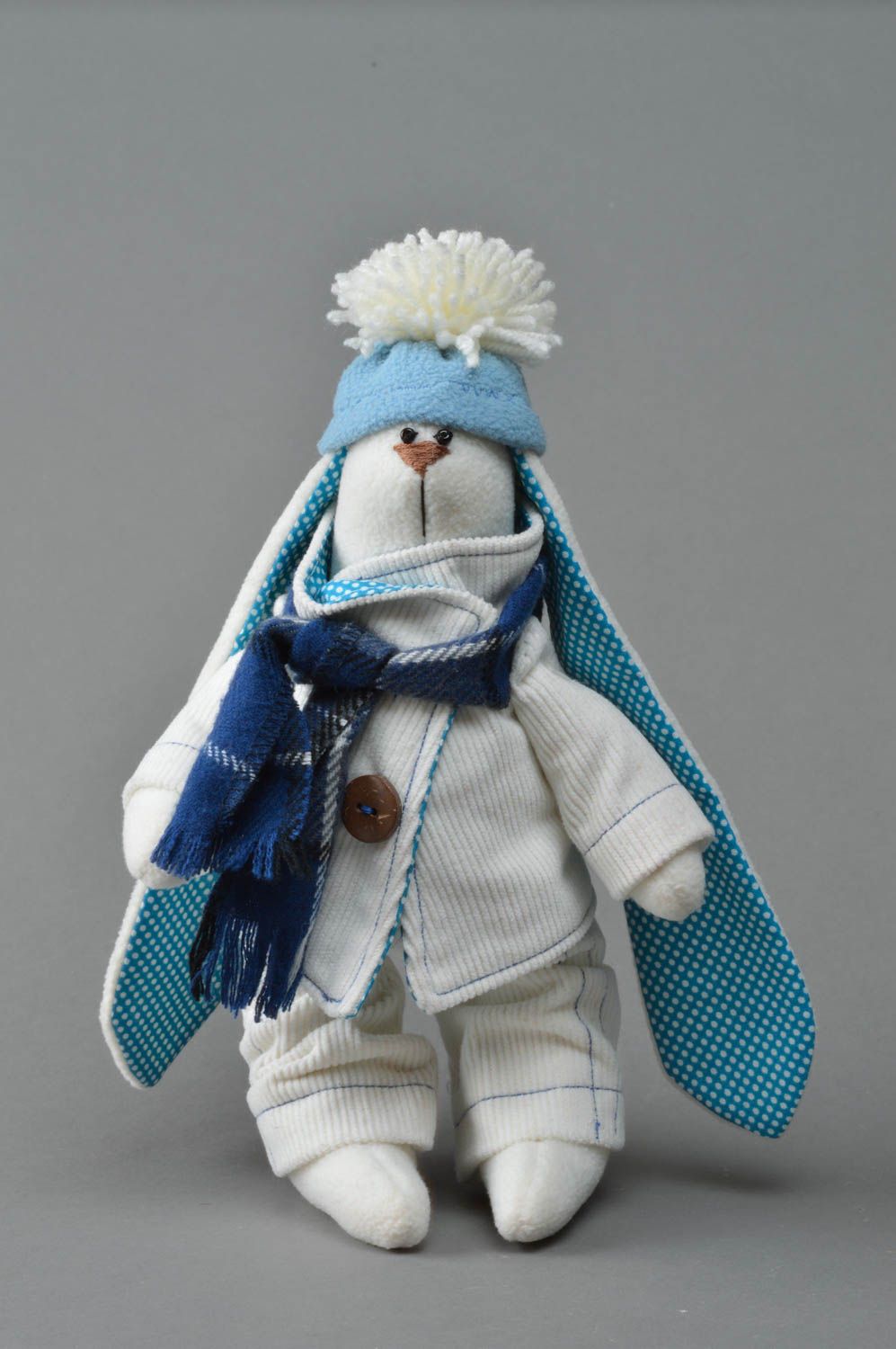 Handmade cotton and fleece soft toy rabbit rabbit in hat and scarf for kids  photo 1