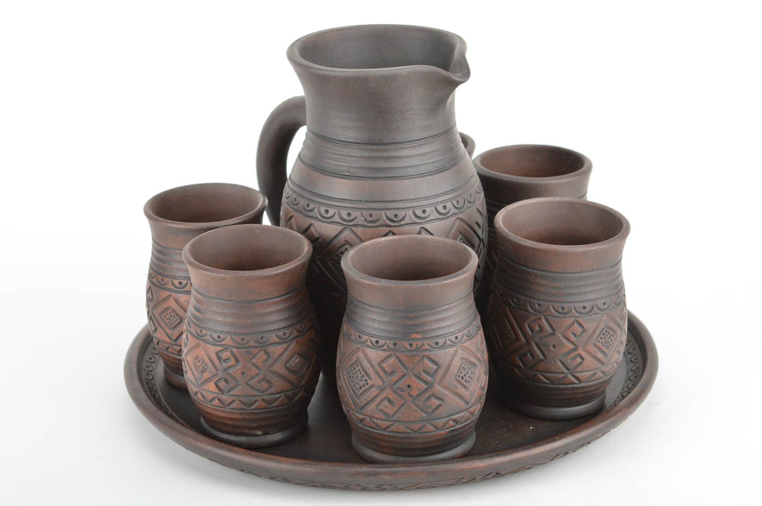 30 oz ceramic wine jug in dark brown color with six wine goblets and ashtray 8,7 lb photo 2