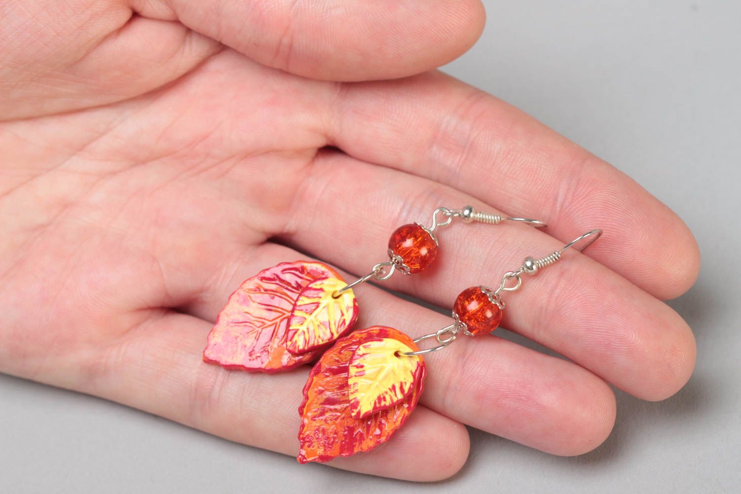 Handmade polymer clay dangling earrings with bright orange leaves with beads photo 5