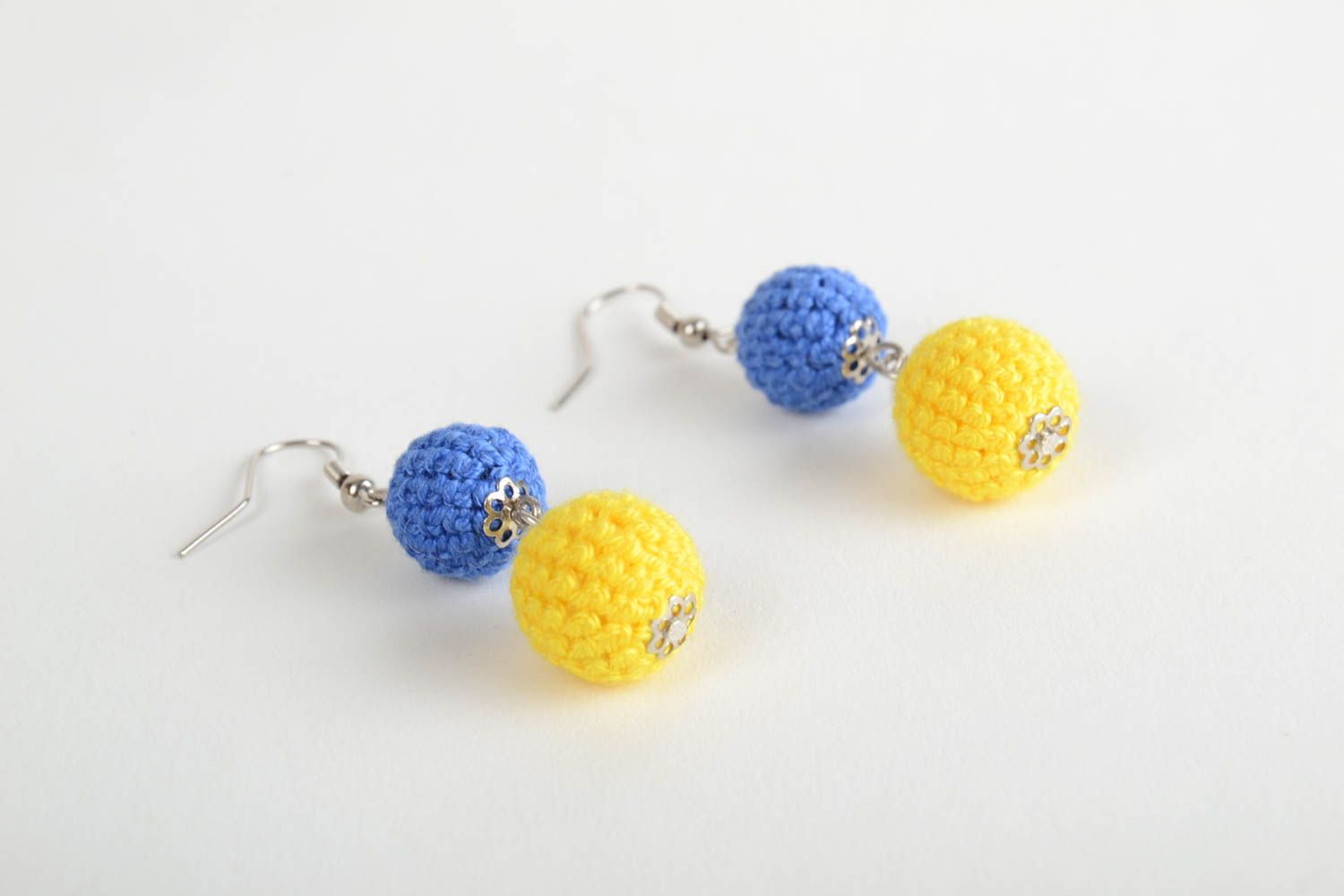 Yellow and blue homemade crochet ball earrings long designer photo 5