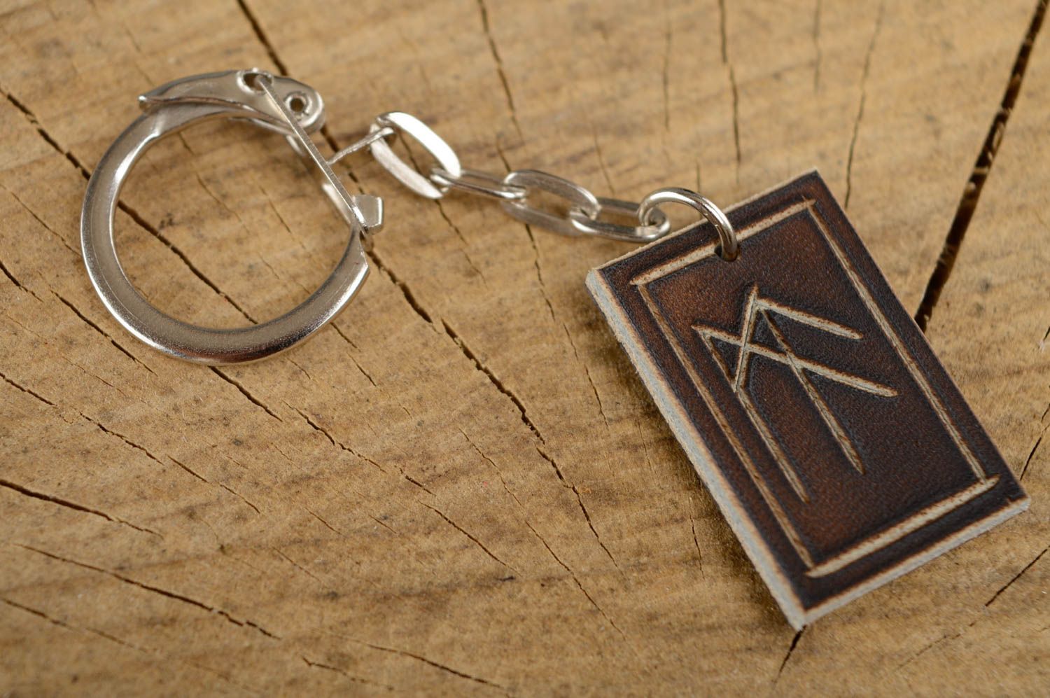 Handmade leather keychain with runes photo 1