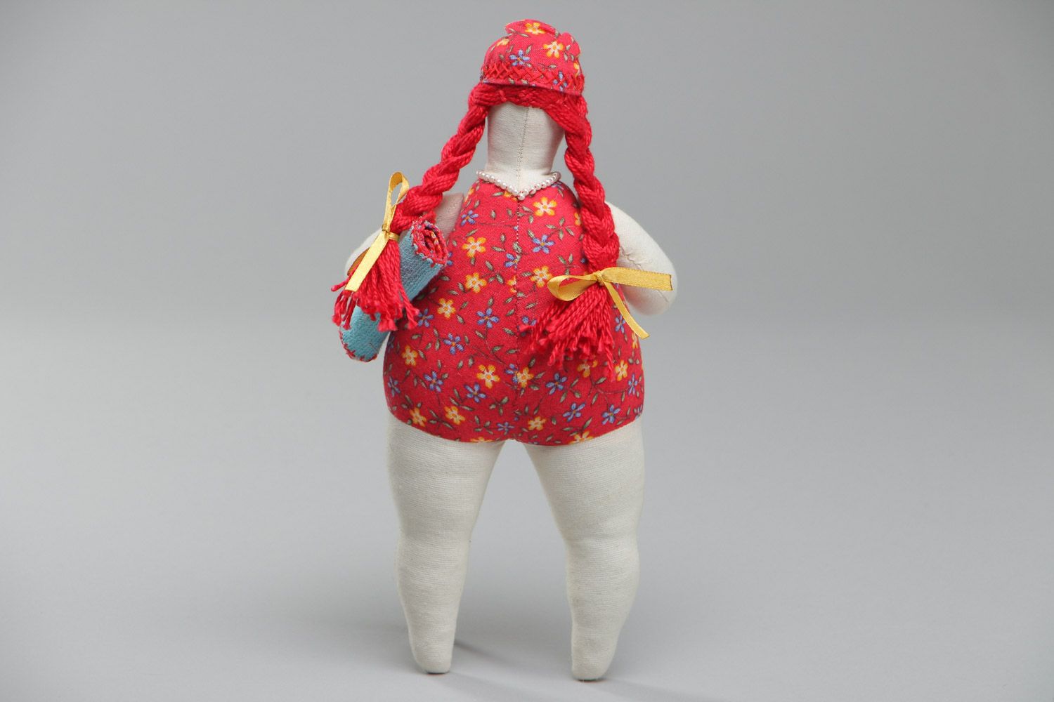 Handmade beautiful soft toy sewn of cotton and linen in red swimming suit  photo 4
