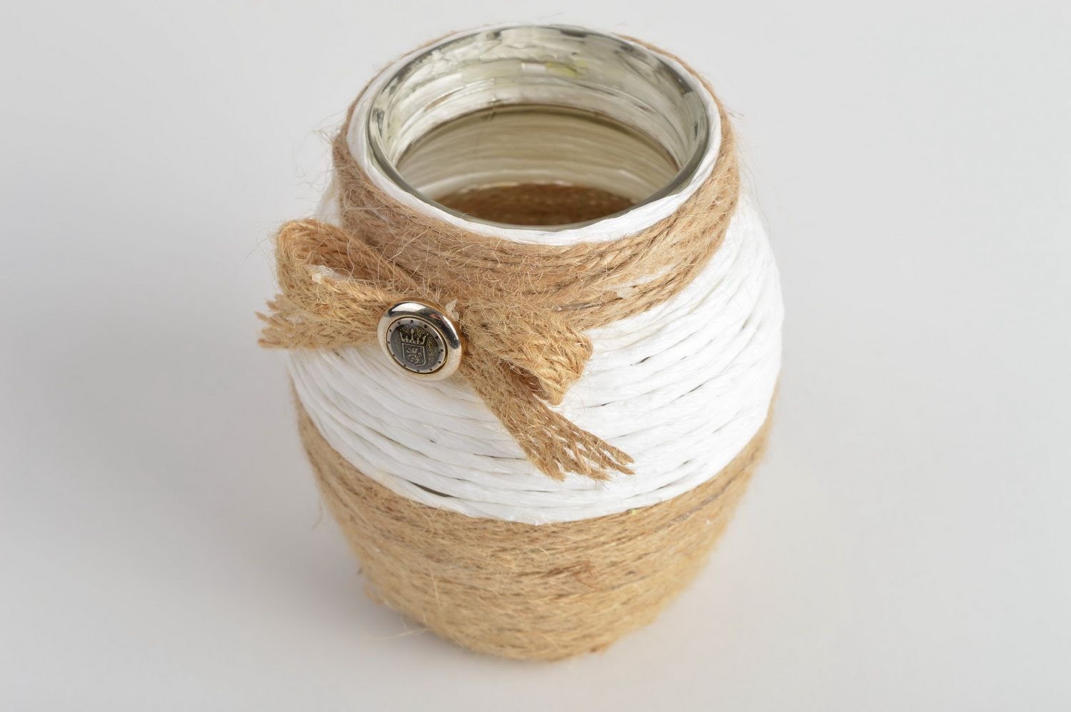 Florero de cristal con forma de tarro envuelto en cordones artesanal original foto 3