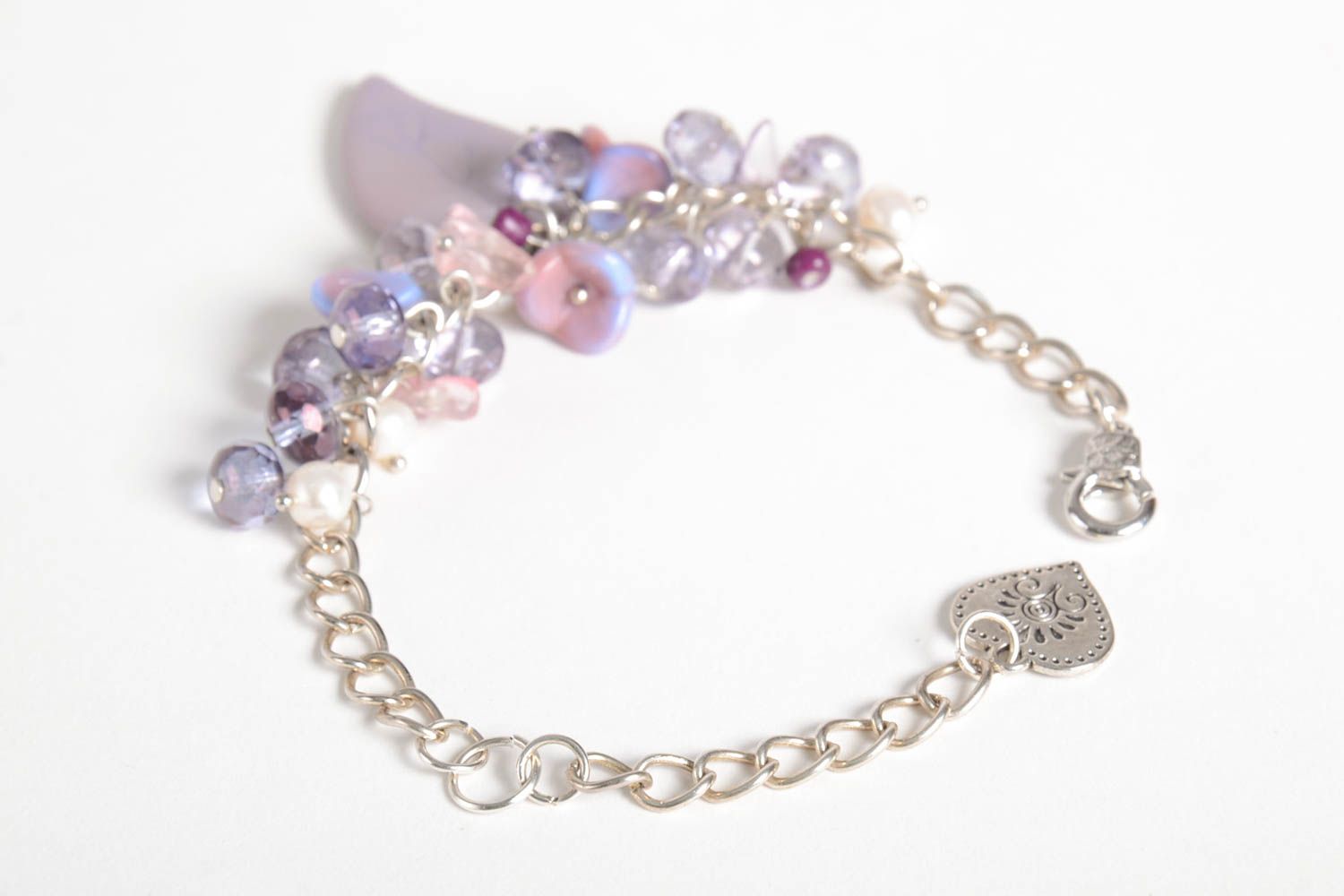 Chain handmade charm bracelet with purple and transparent beads with leaves charms photo 4