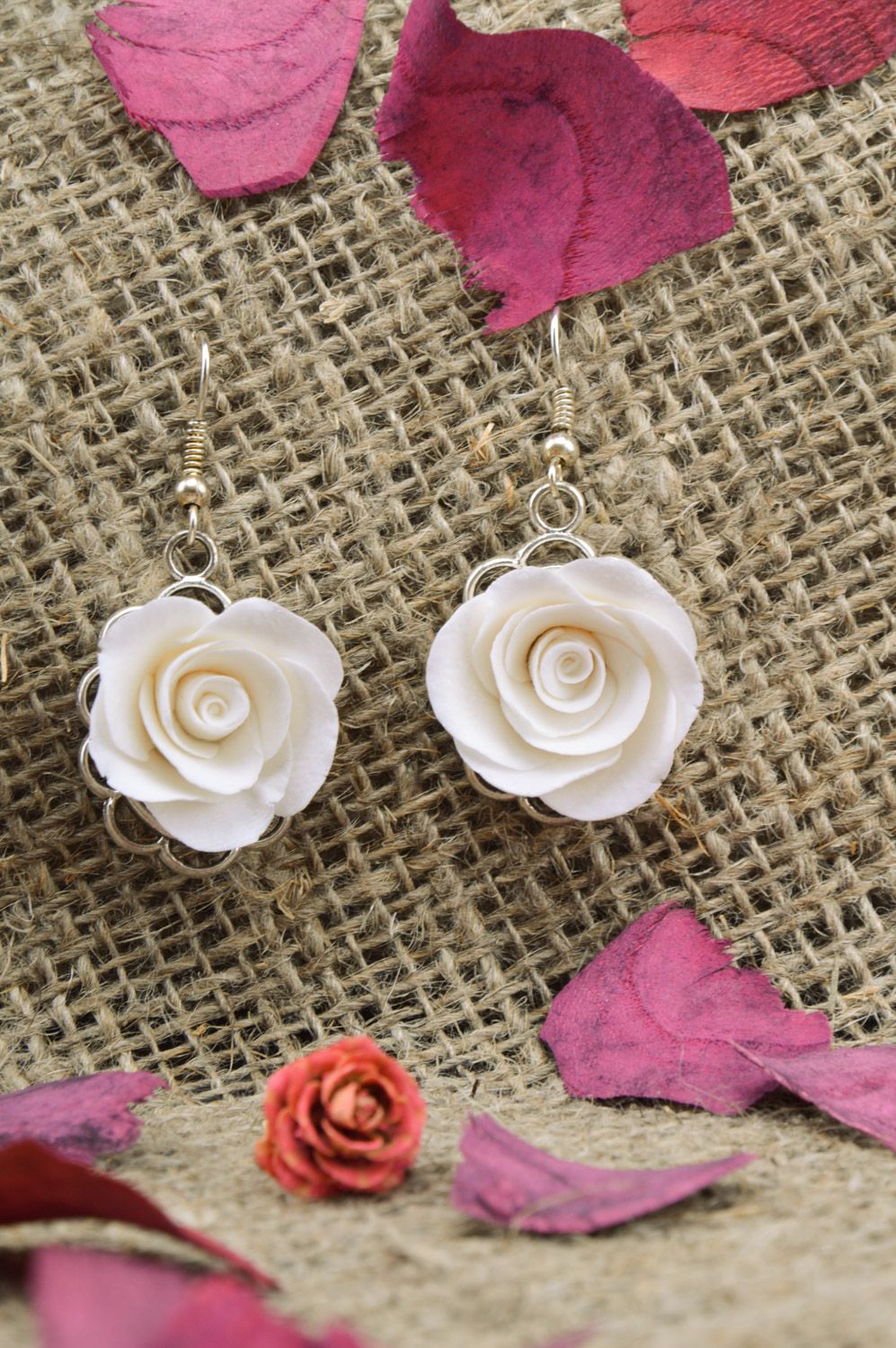 Beautiful festive elegant handmade polymer clay flower earrings in the shape of white roses  photo 1