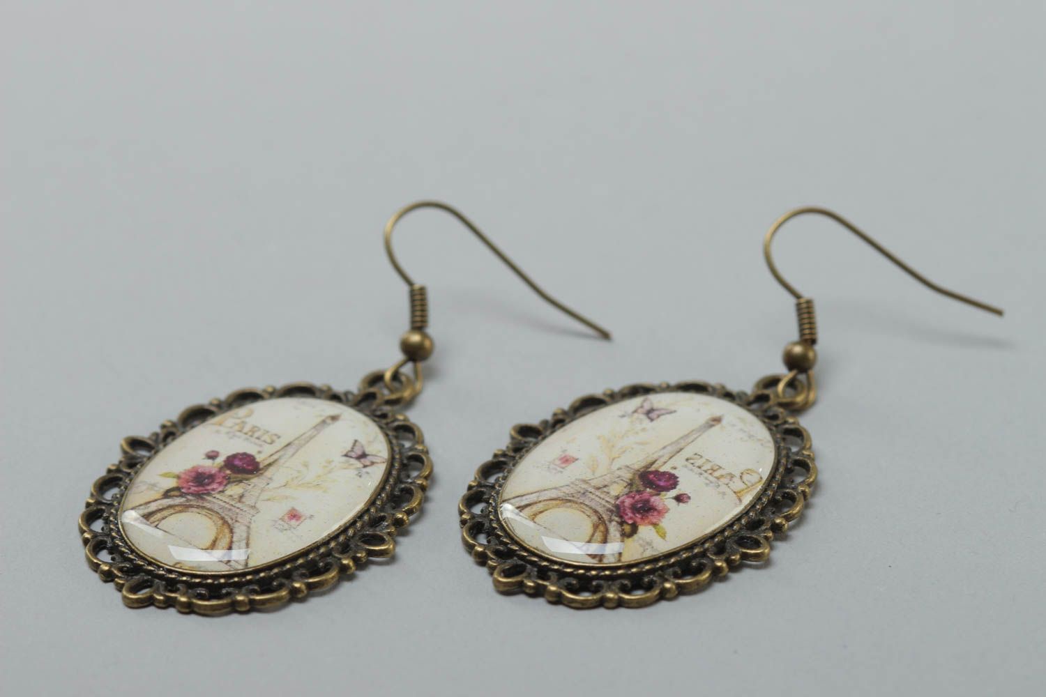 Vintage oval handmade glass glaze earrings Spring Paris photo 3
