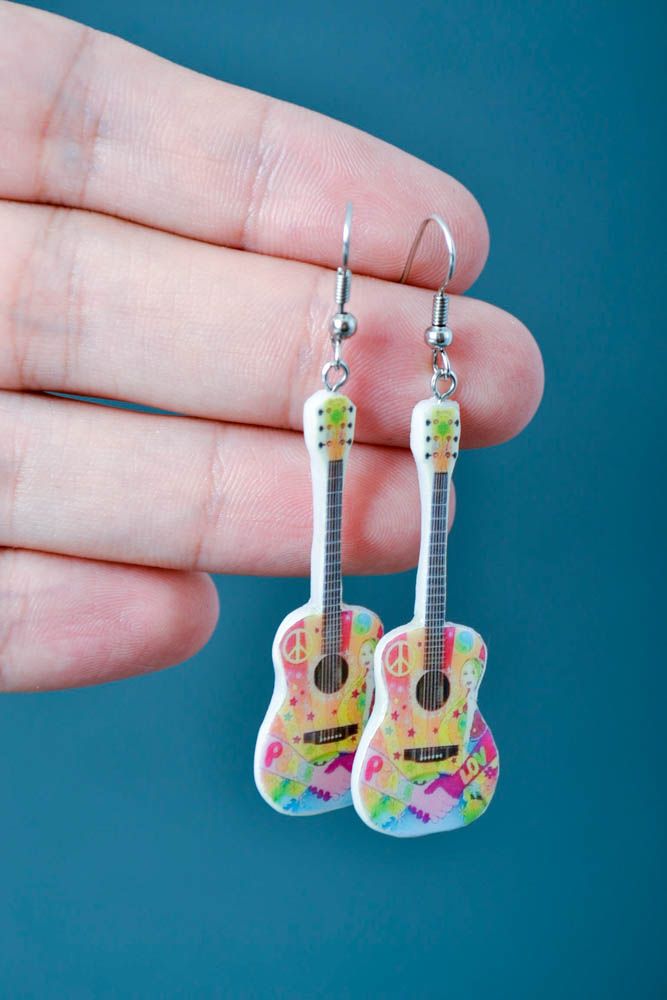 Handmade Schmuck Ohrhänger Polymer Clay Schmuck Ohrringe für Damen Gitarren bunt foto 5