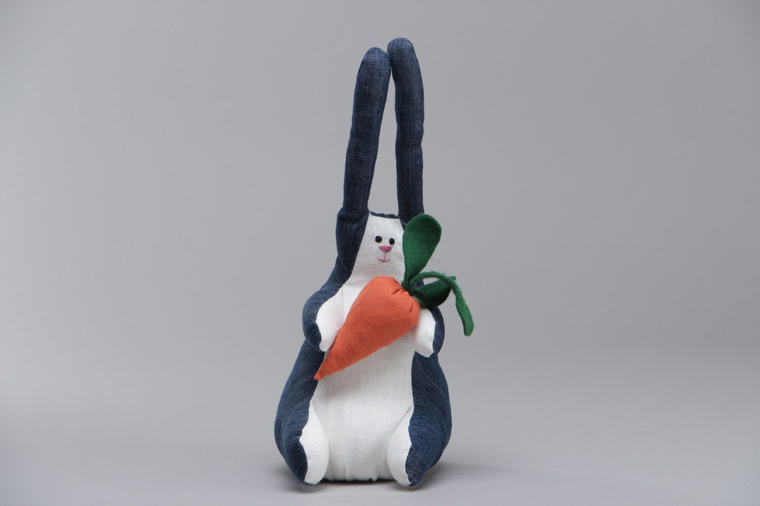 Handmade denim and felt fabric soft toy hare with carrot for children photo 2