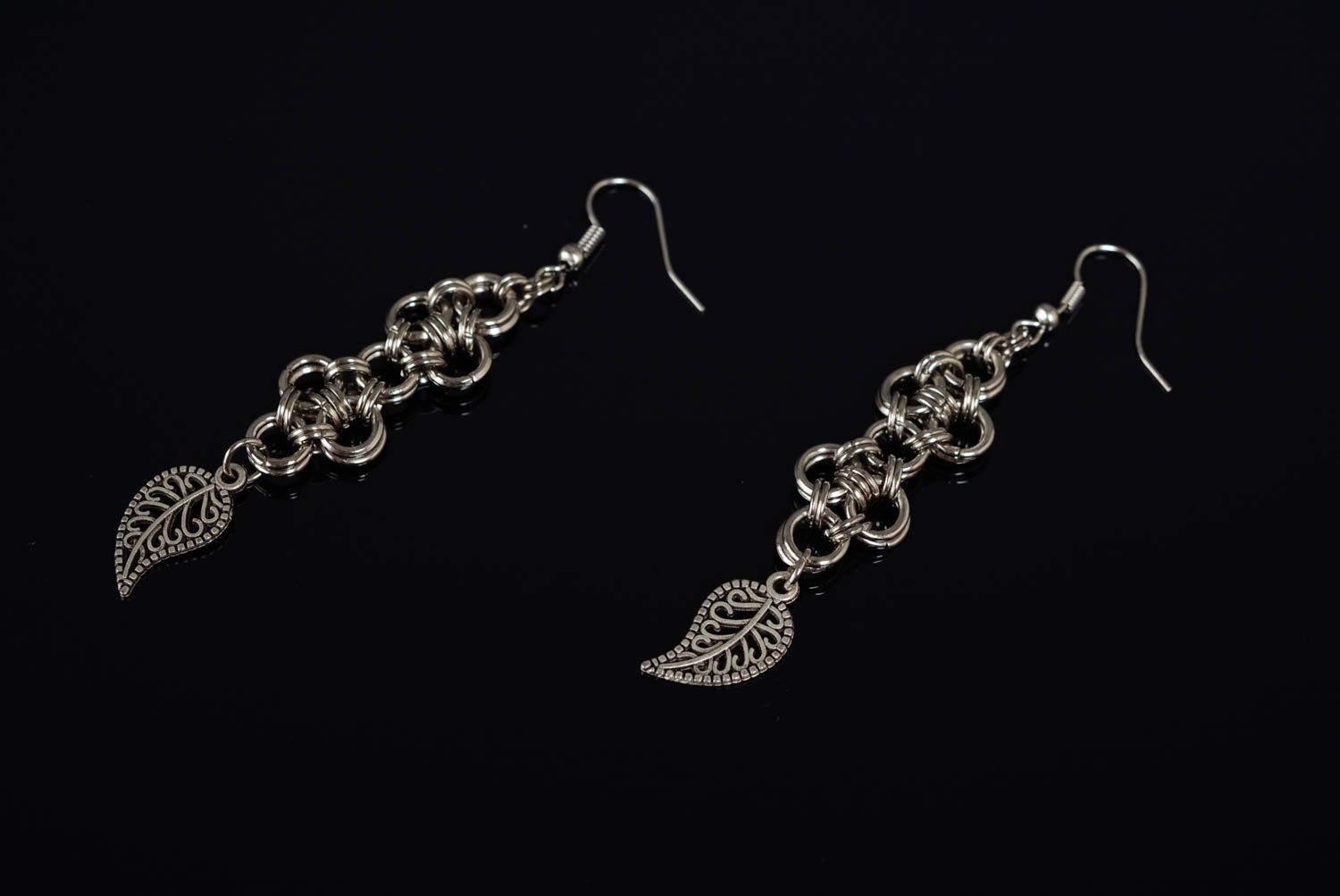 Beautiful handmade long dangling chainmail metal earrings  photo 1