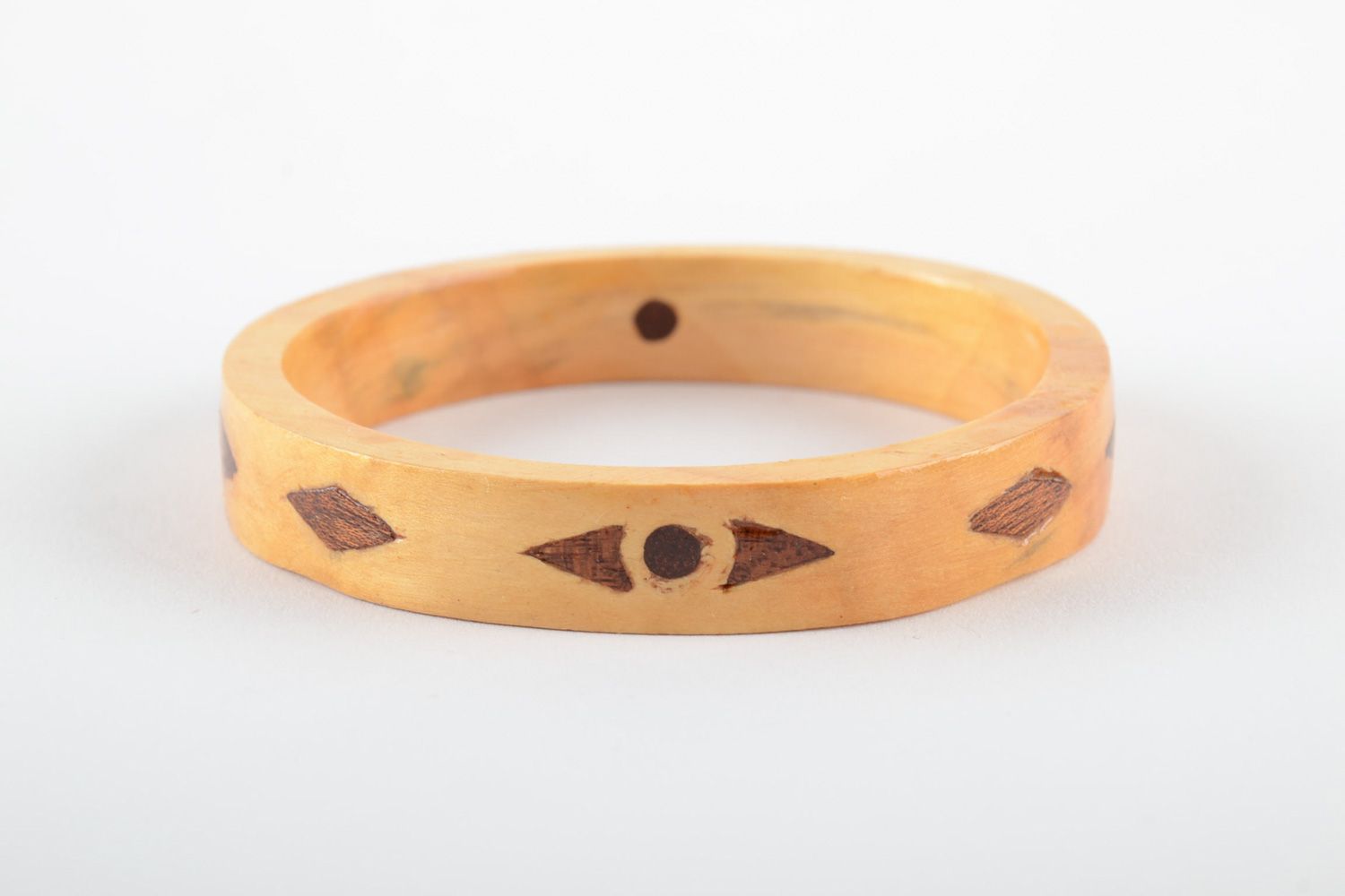 Thin light handmade varnished wooden wrist bracelet with inlay for women photo 3