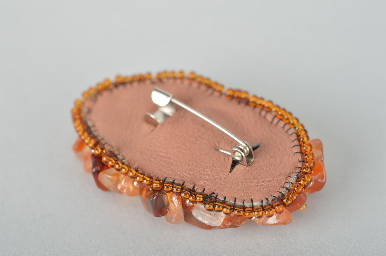 Broche orange Bijou fait main ovale perles de rocaille agate Cadeau femme photo 5