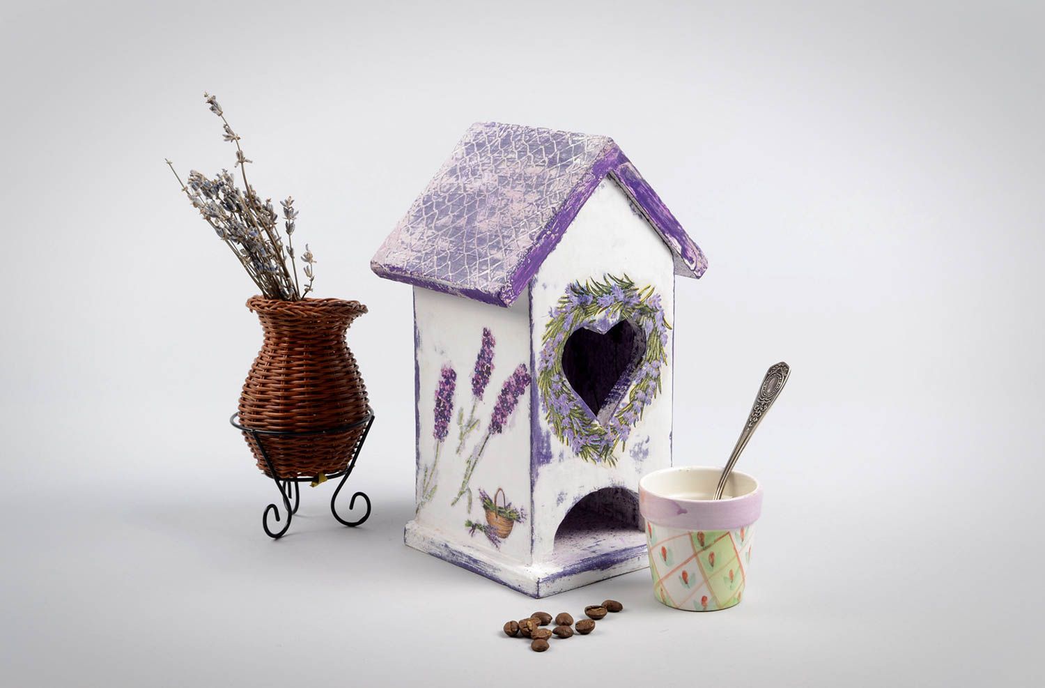 Boîte à thé fait main Objet en bois Déco cuisine vintage violette serviettage photo 5
