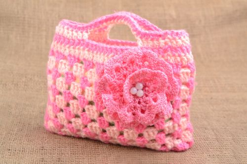 Handmade small pink bag with flower crocheted of cotton threads for little girl - MADEheart.com