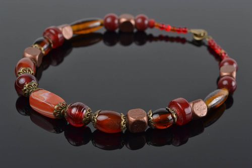 Handmade laconic short necklace with wooden glass and cornelian beads brown - MADEheart.com